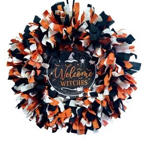 Handcrafted Halloween Fall Welcome Witches Orange Black White Fabric Rag Wreath